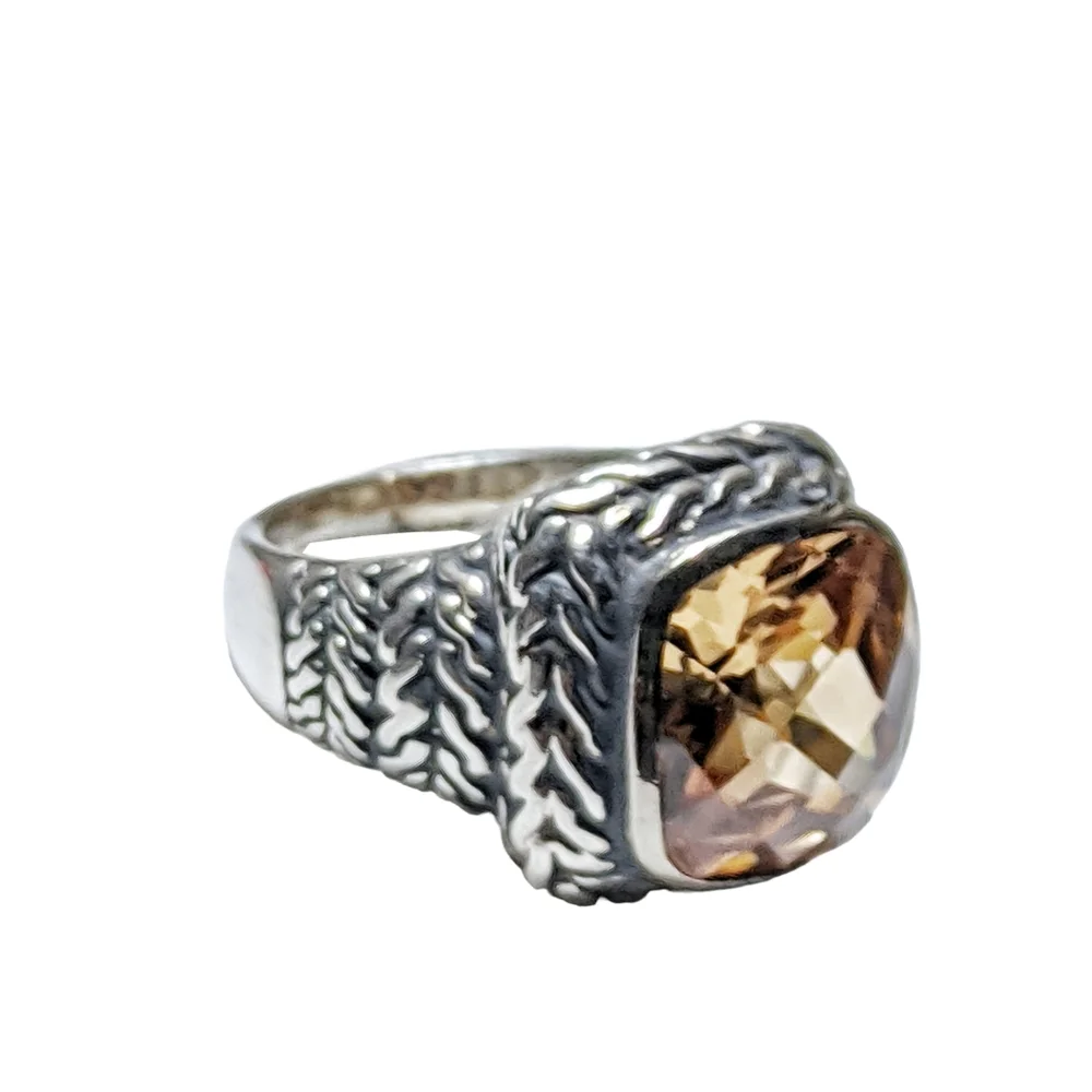 Large Citrine Embossed Design Sterling Silver Ring